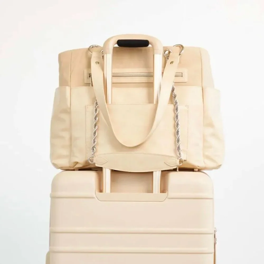 Beis The Baby Bag in Beige Buffalo Trim Vegan Leather 5 Pockets Gold Hardware